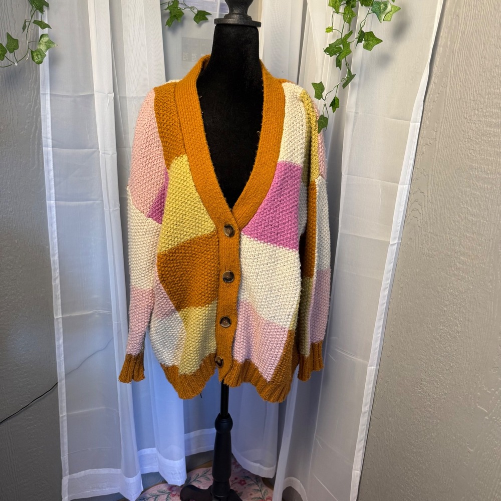 Cotton On Splice Patchwork Chunky Knit Cardigan Multi Color Relaxed Fit Large